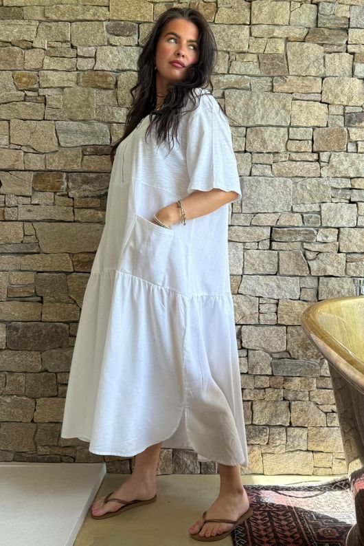 Rustic Nature Linen Blend Smock T Shirt Dress White